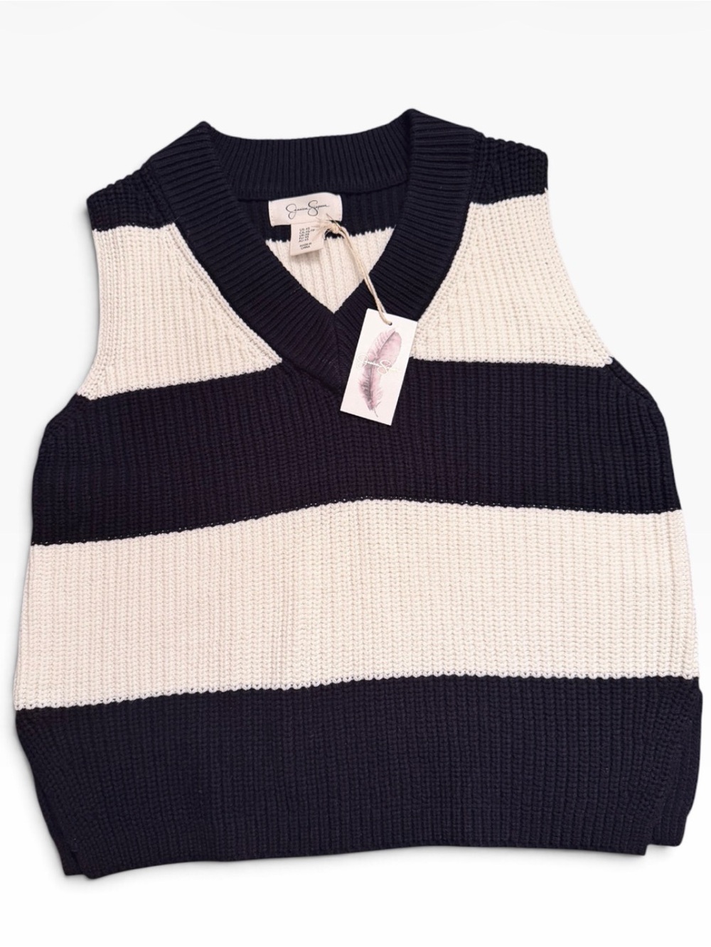 Jessica Simpson Women’s Striped Ribbed Knit V-Neck Sweater Vest Navy/White XS